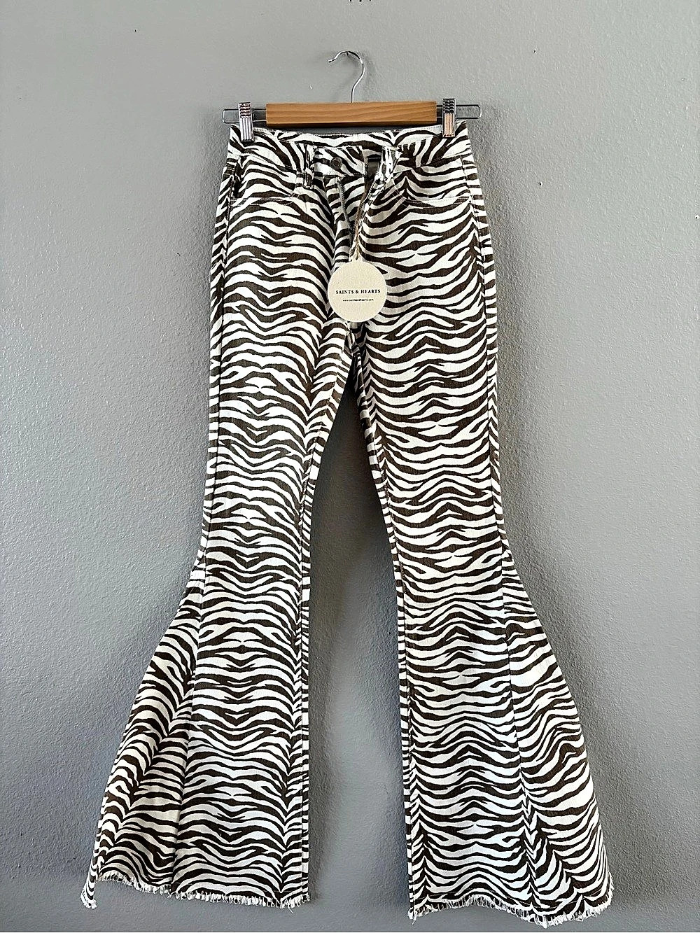 Saints & Hearts Zebra Print High Rise Raw Hem Flare Jeans Flare